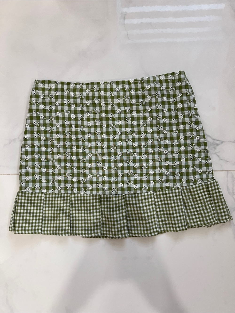 Green Gingham Ruffle Hem Mini Skirt